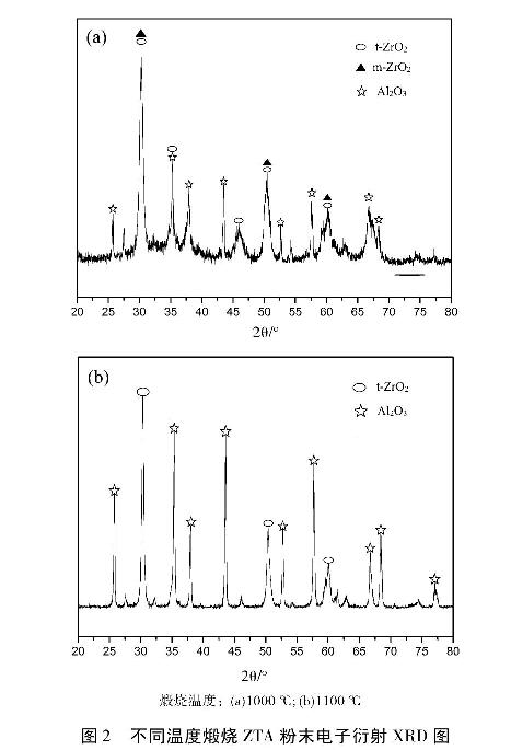 圖2不同溫度煅燒ZTA粉末電子衍射XRD圖